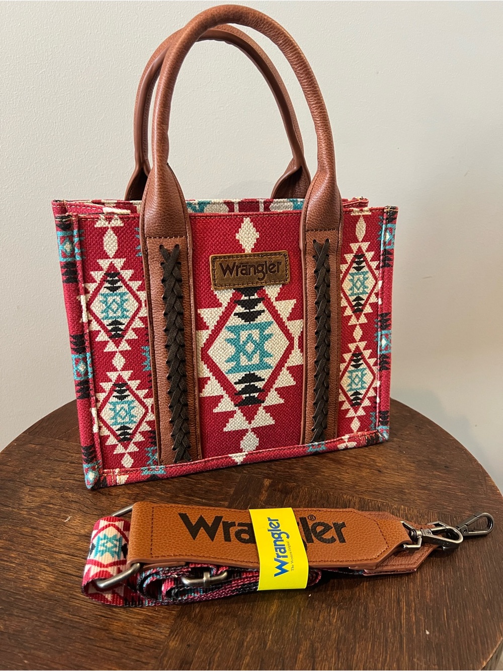 Wrangler Red Aztec Canvas Tote with Turquoise Accents and Brown Trim